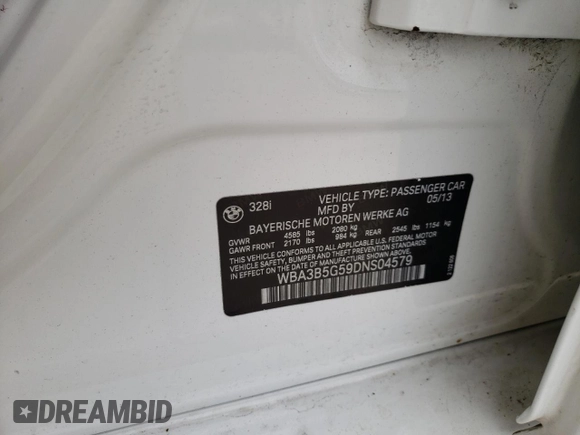 2013 BMW 3 Series 328i xDrive with VIN WBA3B5G59DNS04579, listed as a Copart auction lot 50445404 with 115,404 mi miles and Salvage title. Bid and sale history available at DreamBid. Image 12.