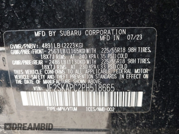 2023 Subaru Forester Limited with VIN JF2SKAPC2PH518665, listed as a IAAI auction lot 38800223 with Not provided miles and . Bid and sale history available at DreamBid. Image 9.