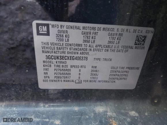 2014 Chevrolet Silverado 1500 LTZ with VIN 3GCUKSECXEG406378, listed as a IAAI auction lot 41588418 with 250,256 mi miles. Bid and sale history available at carsss.com. Image 9.