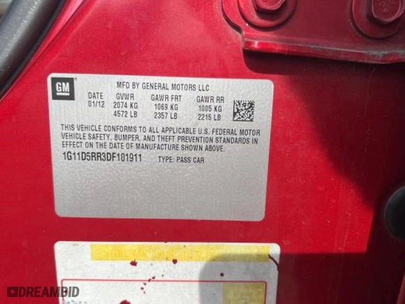 2013 Chevrolet Malibu ECO with VIN 1G11D5RR3DF101911, listed as a Copart auction lot 44010155 with 139,353 mi miles and Clean Title. Bid and sale history available at carsss.com. Image 10.
