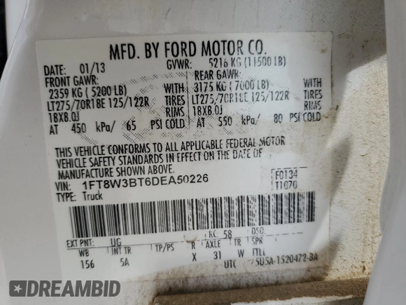 2013 Ford F-350 Platinum с VIN 1FT8W3BT6DEA50226, выставлен на аукционе Copart как лот 60989375 с пробегом 136 295 миль миль и Списание • Salvage title. История ставок и продаж доступна на DreamBid. Изображение 12.