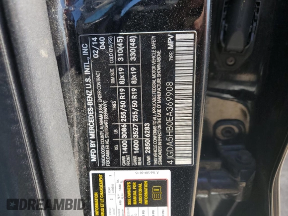 2014 Mercedes-Benz M 350 with VIN 4JGDA5HB0EA369908, listed as a Copart auction lot 52755044 with 183,294 mi miles and Salvage title. Bid and sale history available at DreamBid. Image 13.