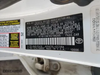 2019 Toyota Camry LE with VIN 4T1B11HK1KU186205, listed as a Copart auction lot 52455625 with 122,099 mi miles and Salvage Title. Bid and sale history available at carsss.com. Image 12.