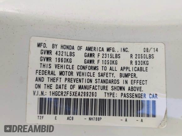 2014 Honda Accord Sport with VIN 1HGCR2F5XEA299260, listed as a IAAI auction lot 41681148 with 193,686 mi miles and . Bid and sale history available at carsss.com. Image 9.