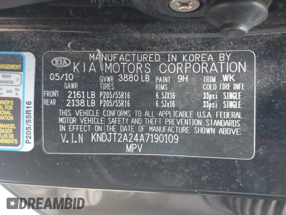 2010 Kia Soul + with VIN KNDJT2A24A7190109, listed as a IAAI auction lot 42232419 with 217,262 mi miles and . Bid and sale history available at DreamBid. Image 9.