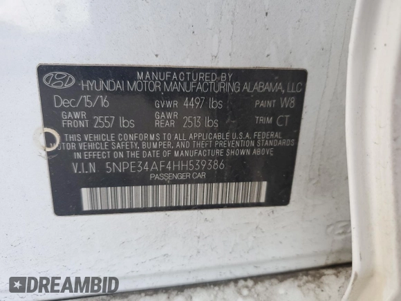 2017 Hyundai Sonata Sport with VIN 5NPE34AF4HH539386, listed as a Copart auction lot 87185104 with 158,152 mi miles and Salvage Title. Bid and sale history available at DreamBid. Image 12.