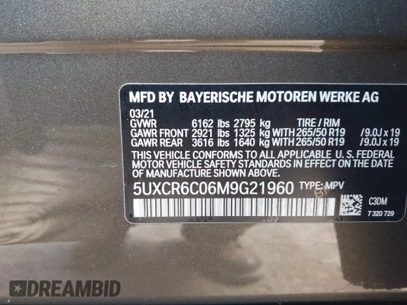 2021 BMW X5 xDrive40i with VIN 5UXCR6C06M9G21960, listed as a IAAI auction lot 42315496 with 41,580 mi miles and . Bid and sale history available at DreamBid. Image 9.