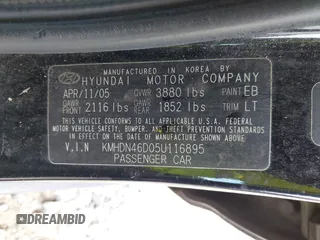 2005 Hyundai Elantra GLS with VIN KMHDN46D05U116895, listed as a IAAI auction lot 42345616 with 292,340 mi miles and . Bid and sale history available at DreamBid. Image 9.