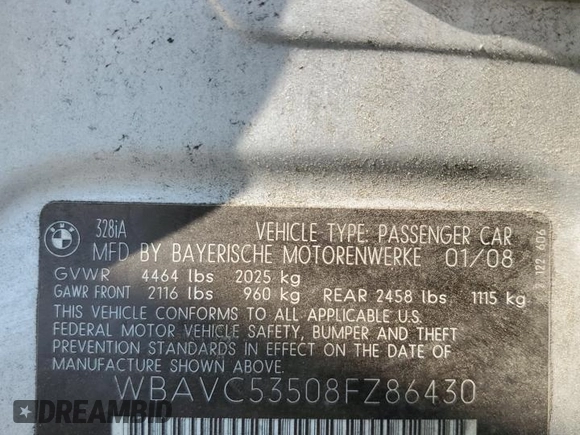 2008 BMW 3 Series 328i with VIN WBAVC53508FZ86430, listed as a Copart auction lot 55310805 with 160,013 mi miles and Salvage Title. Bid and sale history available at DreamBid. Image 12.
