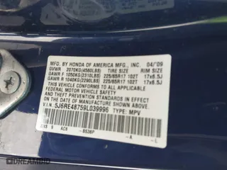 2009 Honda CR-V EX-L with VIN 5J6RE48759L039996, listed as a IAAI auction lot 41856246 with 240,982 mi miles. Bid and sale history available at carsss.com. Image 9.