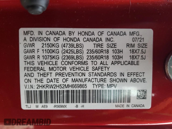 2021 Honda CR-V EX with VIN 2HKRW2H52MH669865, listed as a Copart auction lot 45858275 with 53,301 mi miles and Clean Title. Bid and sale history available at carsss.com. Image 13.