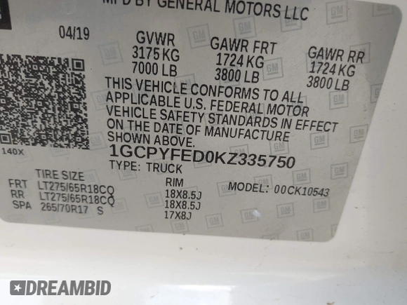 2019 Chevrolet Silverado 1500 LT Trail Boss with VIN 1GCPYFED0KZ335750, listed as a IAAI auction lot 41499679 with 155,297 mi miles. Bid and sale history available at carsss.com. Image 9.