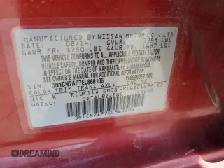 2014 Nissan Versa SV with VIN 3N1CN7AP7EL860106, listed as a Copart auction lot 83854594 with 114,455 mi miles and Salvage Title. Bid and sale history available at carsss.com. Image 14.