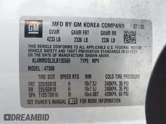2020 Buick Encore GX Select with VIN KL4MMDSLXLB135560, listed as a IAAI auction lot 42589262 with 108,076 mi miles and . Bid and sale history available at DreamBid. Image 9.