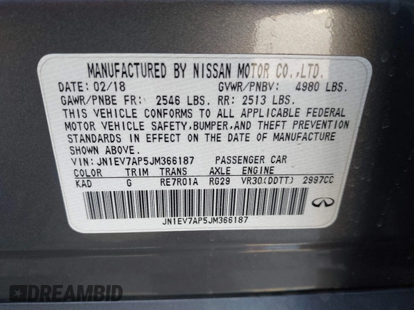 2018 Infiniti Q50 Sport with VIN JN1EV7AP5JM366187, listed as a IAAI auction lot 40753223 with 104,765 mi miles and . Bid and sale history available at carsss.com. Image 9.