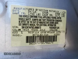 2012 Nissan Versa SV with VIN 3N1CN7AP3CL906673, listed as a Copart auction lot 62838455 with 249,517 mi miles and Salvage title. Bid and sale history available at DreamBid. Image 13.