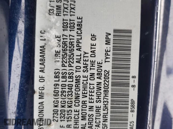 2017 Honda Odyssey SE with VIN 5FNRL5H37HB022052, listed as a Copart auction lot 43451605 with 90,922 mi miles and Salvage Title. Bid and sale history available at carsss.com. Image 13.