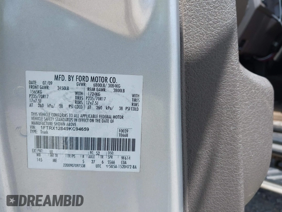 2009 Ford F-150 STX with VIN 1FTRX12849KC94659, listed as a IAAI auction lot 42275301 with 159,357 mi miles and . Bid and sale history available at DreamBid. Image 9.