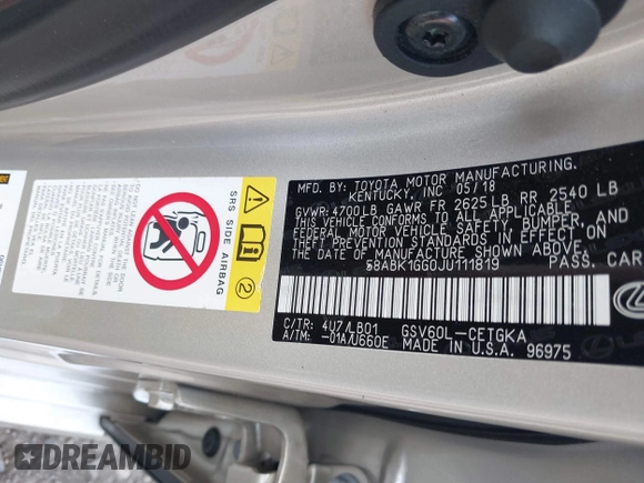 2018 Lexus ES with VIN 58ABK1GG0JU111819, listed as a IAAI auction lot 40320555 with 32,194 mi miles. Bid and sale history available at carsss.com. Image 9.