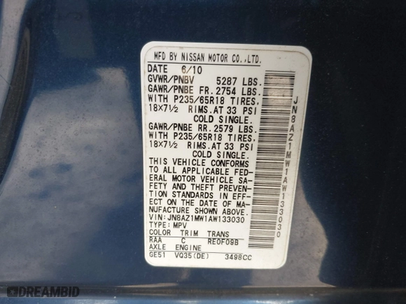 2010 Nissan Murano SL with VIN JN8AZ1MW1AW133030, listed as a IAAI auction lot 41732718 with 184,016 mi miles. Bid and sale history available at carsss.com. Image 9.