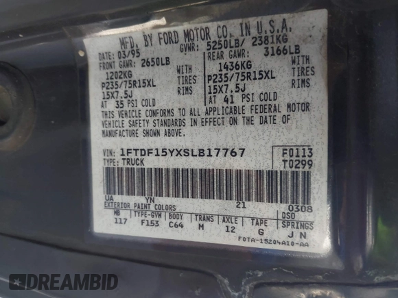 1995 Ford F-150 with VIN 1FTDF15YXSLB17767, listed as a IAAI auction lot 41953525 with Not provided miles and . Bid and sale history available at DreamBid. Image 9.