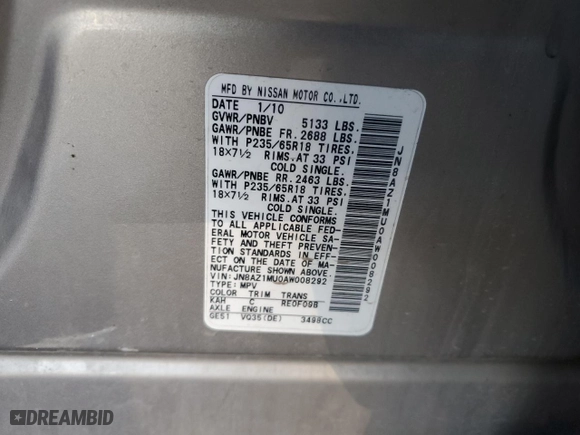 2010 Nissan Murano S with VIN JN8AZ1MU0AW008292, listed as a Copart auction lot 48413265 with 180,949 mi miles and Salvage Title. Bid and sale history available at carsss.com. Image 13.