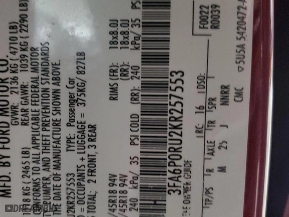 2019 Ford Fusion Hybrid Titanium with VIN 3FA6P0RU2KR257553, listed as a Copart auction lot 52171825 with 210,944 mi miles and Salvage Title. Bid and sale history available at carsss.com. Image 12.