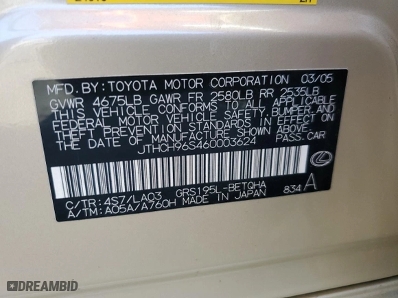 2006 Lexus GS 300 with VIN JTHCH96S460003624, listed as a Copart auction lot 43076715 with NaN miles and Salvage Title. Bid and sale history available at carsss.com. Image 10.