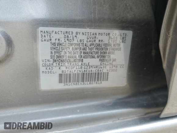 2020 Nissan Versa SV z VIN 3N1CN8EV3LL807818, wystawiony jako Copart lot #54895555 z przebiegiem 89 630 mil mil oraz Szkoda całkowita • Salvage title. Historia ofert i sprzedaży dostępna na DreamBid. Obrazek 12.