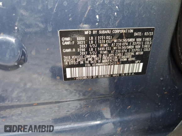 2023 Subaru Ascent Onyx Limited с VIN 4S4WMAKD6P3423741, выставлен на аукционе Copart как лот 59348285 с пробегом 34 531 миль миль и Списание • Salvage title. История ставок и продаж доступна на DreamBid. Изображение 12.