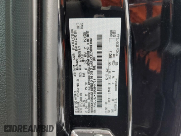 2016 Ford Escape Titanium with VIN 1FMCU9JX1GUB44723, listed as a Copart auction lot 45753105 with 124,118 mi miles and Salvage Title. Bid and sale history available at carsss.com. Image 12.