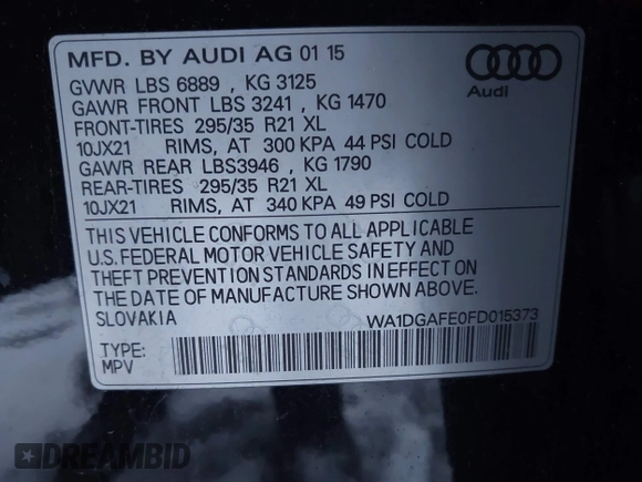 2015 Audi Q7 3.0T S line Prestige with VIN WA1DGAFE0FD015373, listed as a IAAI auction lot 41238539 with 111,161 mi miles. Bid and sale history available at carsss.com. Image 9.