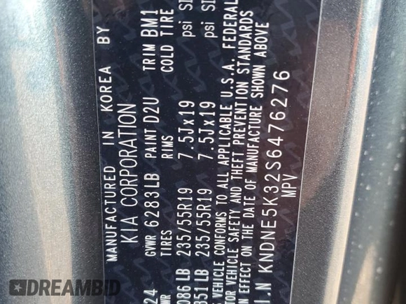 2025 Kia Carnival SX Prestige with VIN KNDNE5K32S6476276, listed as a Copart auction lot 81031514 with Not Provided miles and Salvage Title. Bid and sale history available at DreamBid. Image 14.