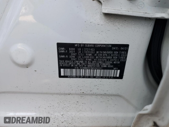 2021 Subaru Ascent Touring with VIN 4S4WMARD5M3446557, listed as a Copart auction lot 49845795 with 0 mi miles and Salvage Title. Bid and sale history available at carsss.com. Image 14.