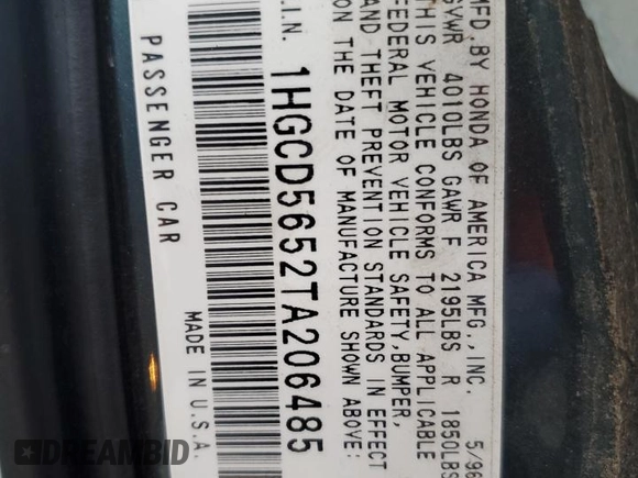 1996 Honda Accord EX with VIN 1HGCD5652TA206485, listed as a Copart auction lot 86851064 with 158,907 mi miles and Salvage Title. Bid and sale history available at DreamBid. Image 12.