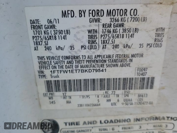 2011 Ford F-150 XLT with VIN 1FTFW1ET7BKD79541, listed as a Copart auction lot 64290045 with 202,571 mi miles and Clean title. Bid and sale history available at DreamBid. Image 12.