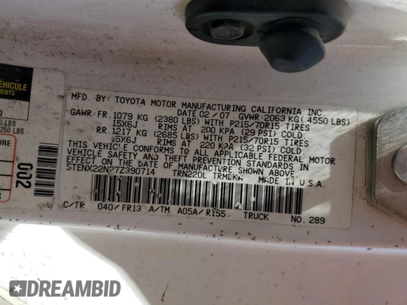 2007 Toyota Tacoma с VIN 5TENX22N27Z390714, выставлен на аукционе Copart как лот 61362325 с пробегом 252 121 миль миль и Чистый • Clean title. История ставок и продаж доступна на DreamBid. Изображение 12.