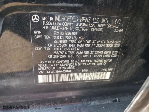 1999 Mercedes-Benz M-Class with VIN 4JGAB72E6XA058470, listed as a Copart auction lot 67783334 with 0 mi miles and Salvage Title. Bid and sale history available at carsss.com. Image 13.