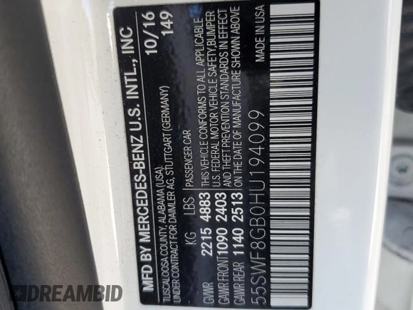 2017 Mercedes-Benz C 63 AMG with VIN 55SWF8GB0HU194099, listed as a Copart auction lot 84697274 with 79,948 mi miles and Salvage title. Bid and sale history available at DreamBid. Image 14.