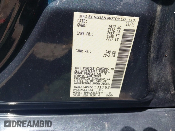 2016 Nissan Altima SR with VIN 1N4AL3AP4GC131763, listed as a IAAI auction lot 42662547 with 130,374 mi miles and . Bid and sale history available at DreamBid. Image 9.