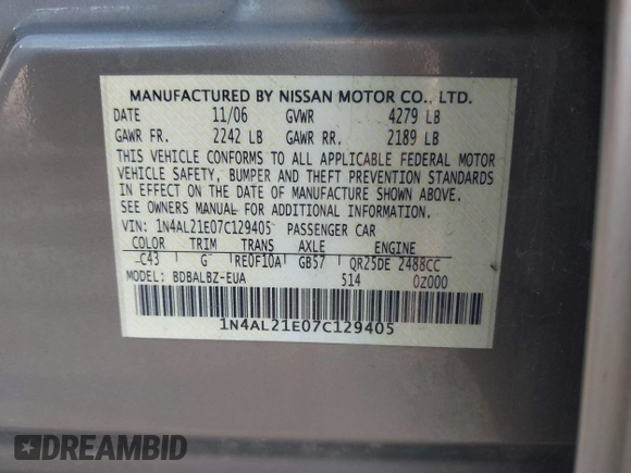 2007 Nissan Altima 2.5 S with VIN 1N4AL21E07C129405, listed as a IAAI auction lot 41883830 with 169,938 mi miles. Bid and sale history available at carsss.com. Image 9.