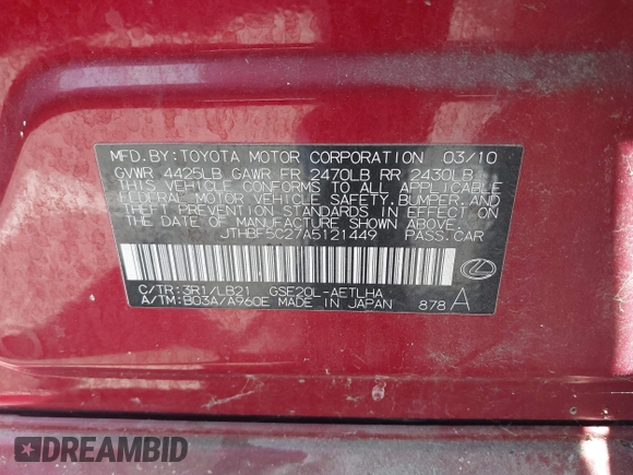 2010 Lexus IS 250 with VIN JTHBF5C27A5121449, listed as a IAAI auction lot 42661462 with 91,273 mi miles and . Bid and sale history available at DreamBid. Image 9.