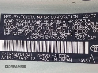 2007 Toyota Prius z VIN JTDKB20U477626959, wystawiony jako IAAI lot #42272184 z przebiegiem 179 443 mil mil oraz . Historia ofert i sprzedaży dostępna na DreamBid. Obrazek 9.