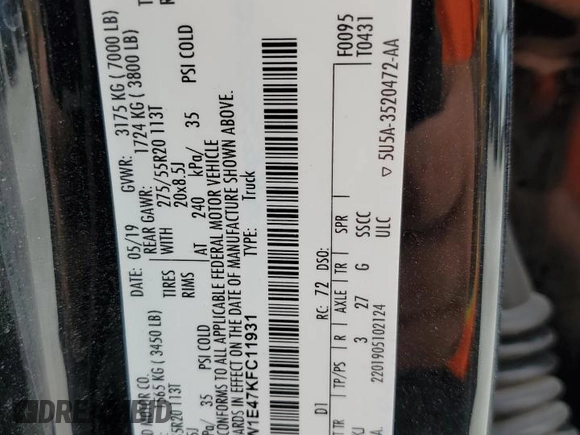 2019 Ford F-150 XL with VIN 1FTEW1E47KFC11931, listed as a Copart auction lot 51144795 with 125,831 mi miles and Salvage Title. Bid and sale history available at carsss.com. Image 13.