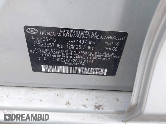 2016 Hyundai Sonata SE with VIN 5NPE24AF2GH281144, listed as a IAAI auction lot 41715739 with 92,663 mi miles and . Bid and sale history available at DreamBid. Image 9.