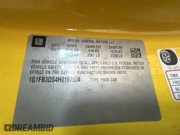 2017 Chevrolet Camaro 1LT z VIN 1G1FB3DS4H0197504, wystawiony jako Copart lot #54631635 z przebiegiem 60 281 mil mil oraz Szkoda całkowita • Salvage title. Historia ofert i sprzedaży dostępna na DreamBid. Obrazek 10.