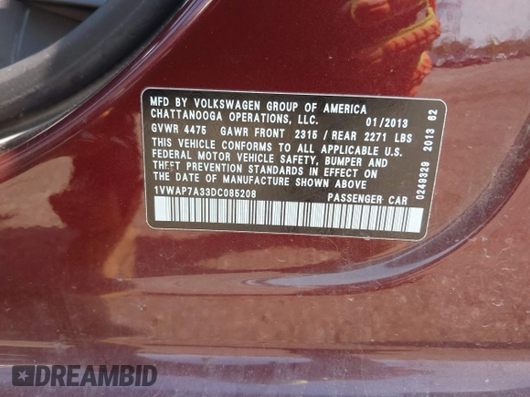 2013 Volkswagen Passat Wolfsburg Edition with VIN 1VWAP7A33DC085208, listed as a IAAI auction lot 42244409 with 164,483 mi miles and . Bid and sale history available at DreamBid. Image 9.