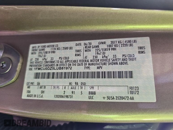 2020 Ford Escape Titanium Hybrid with VIN 1FMCU0DZ5LUB81972, listed as a IAAI auction lot 42679188 with 19,400 mi miles and . Bid and sale history available at DreamBid. Image 11.