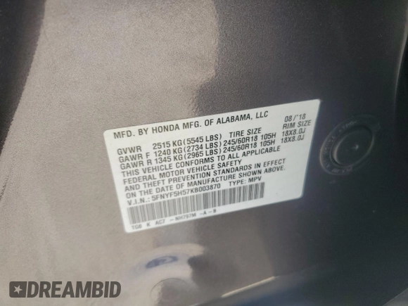 2019 Honda Pilot EX-L with VIN 5FNYF5H57KB003870, listed as a Copart auction lot 49513945 with 79,634 mi miles and Salvage Title. Bid and sale history available at DreamBid. Image 15.