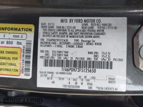 2015 Ford Fusion SE with VIN 1FA6P0H73F5125650, listed as a IAAI auction lot 41789854 with 141,976 mi miles. Bid and sale history available at carsss.com. Image 9.